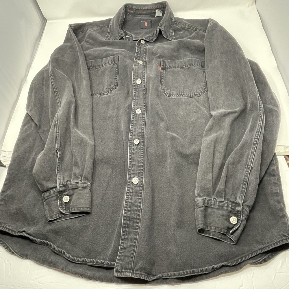 Vintage 1999 Levis Blank Red Tab Denim Shirt Mens Large Black Faded Button Down